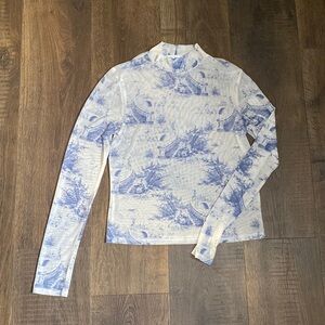 Sheer White and Blue Toile de Jouy Long Sleeve Shirt